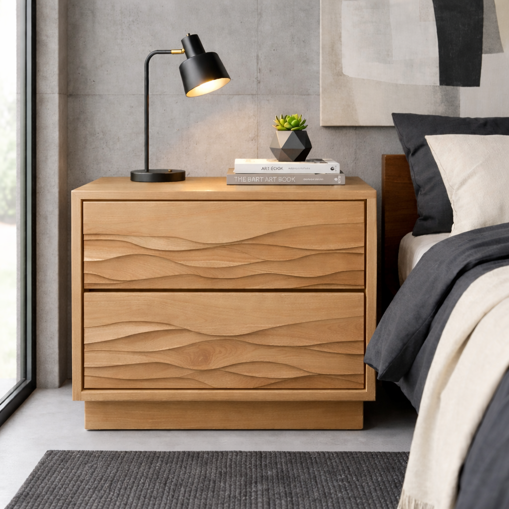 Solid Wood Nightstand with Wave Carved Drawers – Modern Rustic Bedside Table with Storage Kitchnce