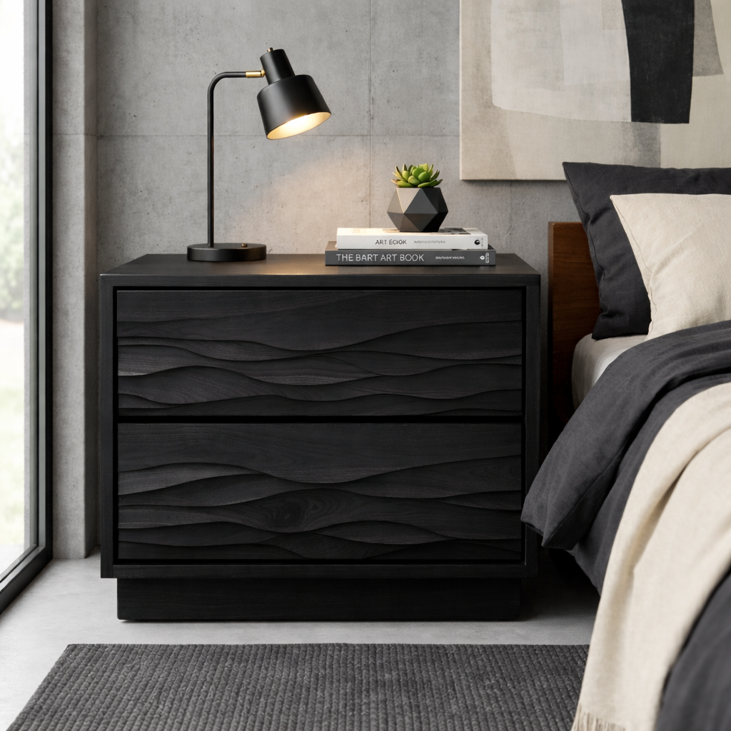 Solid Wood Nightstand with Wave Carved Drawers – Modern Rustic Bedside Table with Storage Kitchnce