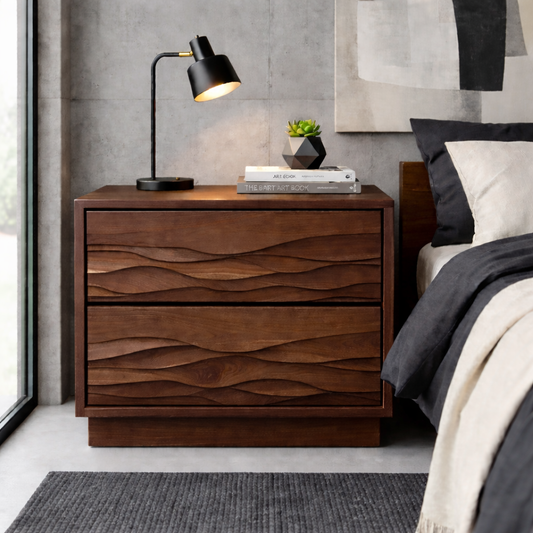 Solid Wood Nightstand with Wave Carved Drawers – Modern Rustic Bedside Table with Storage Kitchnce