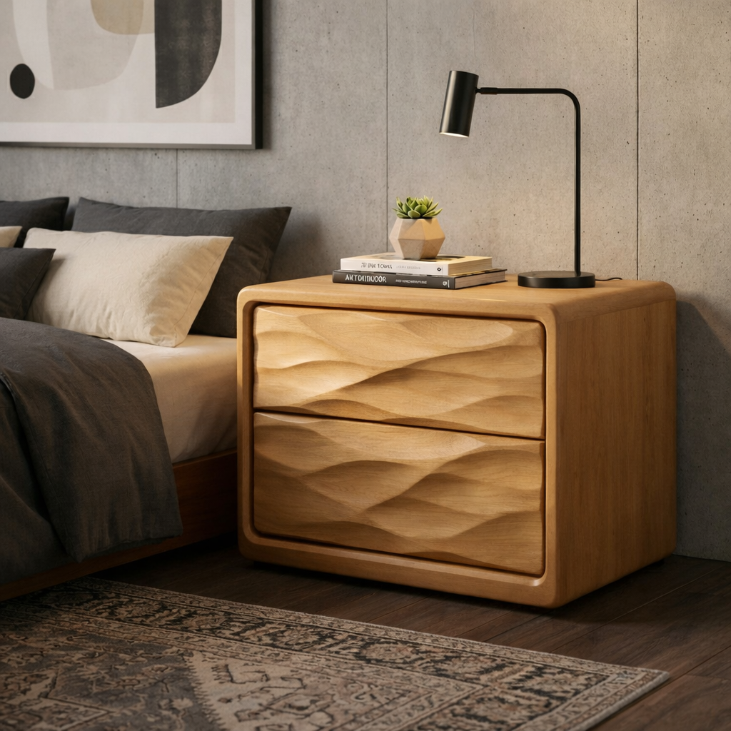 Solid Wood Nightstand with Wave Carved Drawers – Modern Walnut Bedside Table with Storage Kitchnce