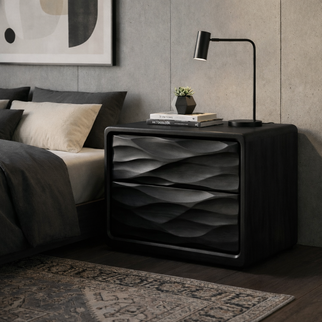Solid Wood Nightstand with Wave Carved Drawers – Modern Walnut Bedside Table with Storage Kitchnce