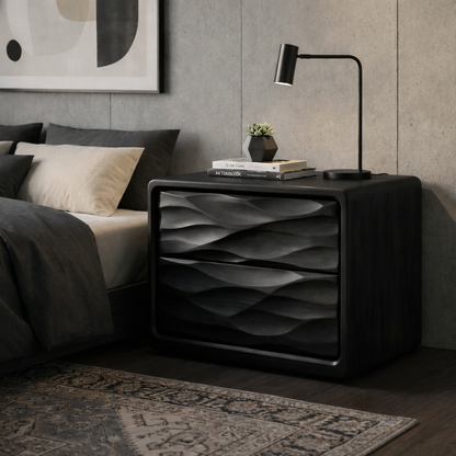 Solid Wood Nightstand with Wave Carved Drawers – Modern Walnut Bedside Table with Storage Kitchnce