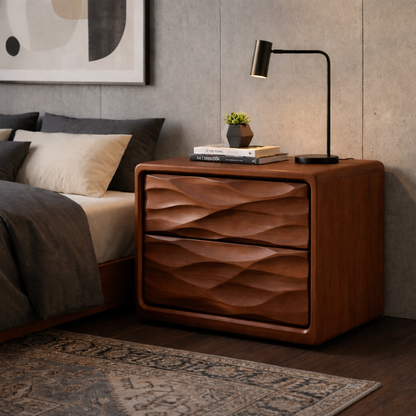Solid Wood Nightstand with Wave Carved Drawers – Modern Walnut Bedside Table with Storage Kitchnce