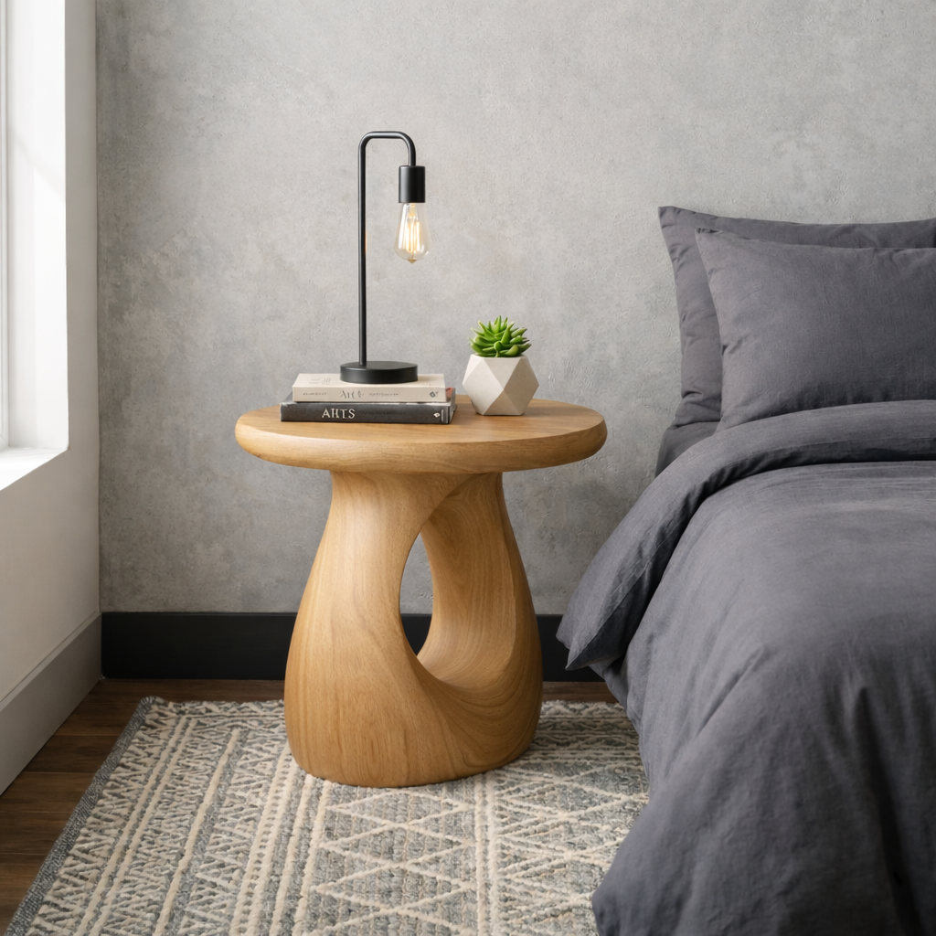 Solid Wood Round Nightstand – Sculptural Modern Bedside Table with Natural Wood Grain Kitchnce