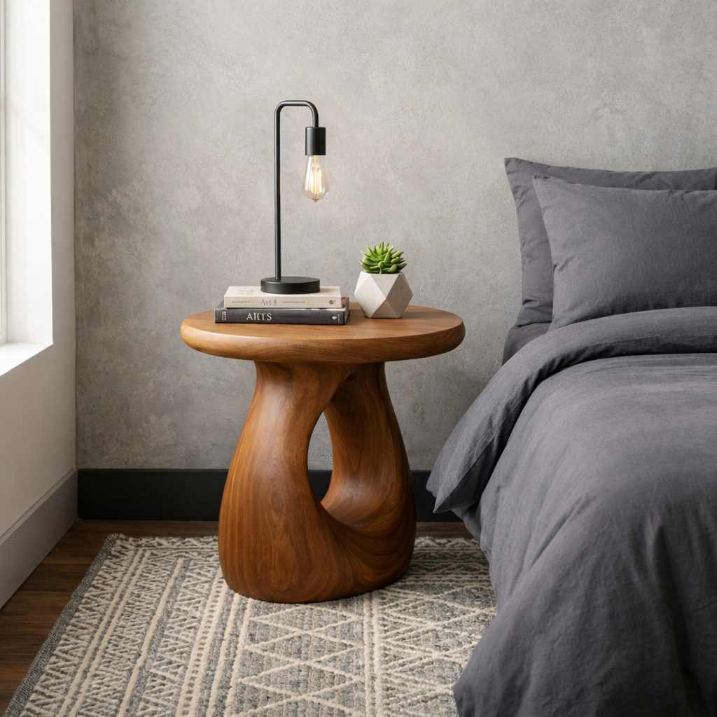 Solid Wood Round Nightstand – Sculptural Modern Bedside Table with Natural Wood Grain Kitchnce