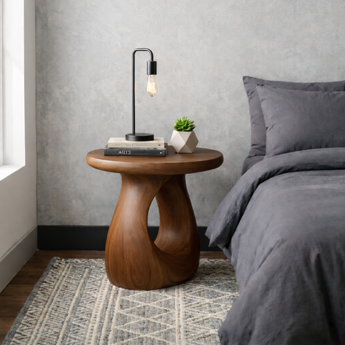 Solid Wood Round Nightstand – Sculptural Modern Bedside Table with Natural Wood Grain Kitchnce