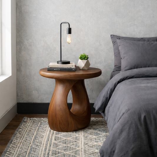 Solid Wood Round Nightstand – Sculptural Modern Bedside Table with Natural Wood Grain Kitchnce