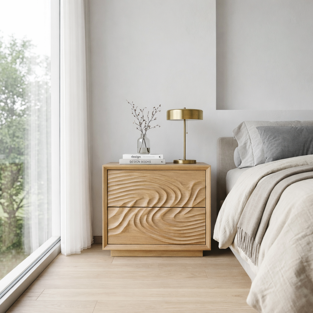 Solid Wood Nightstand with Sculpted Wave Drawers – Modern Carved Bedside Table Kitchnce