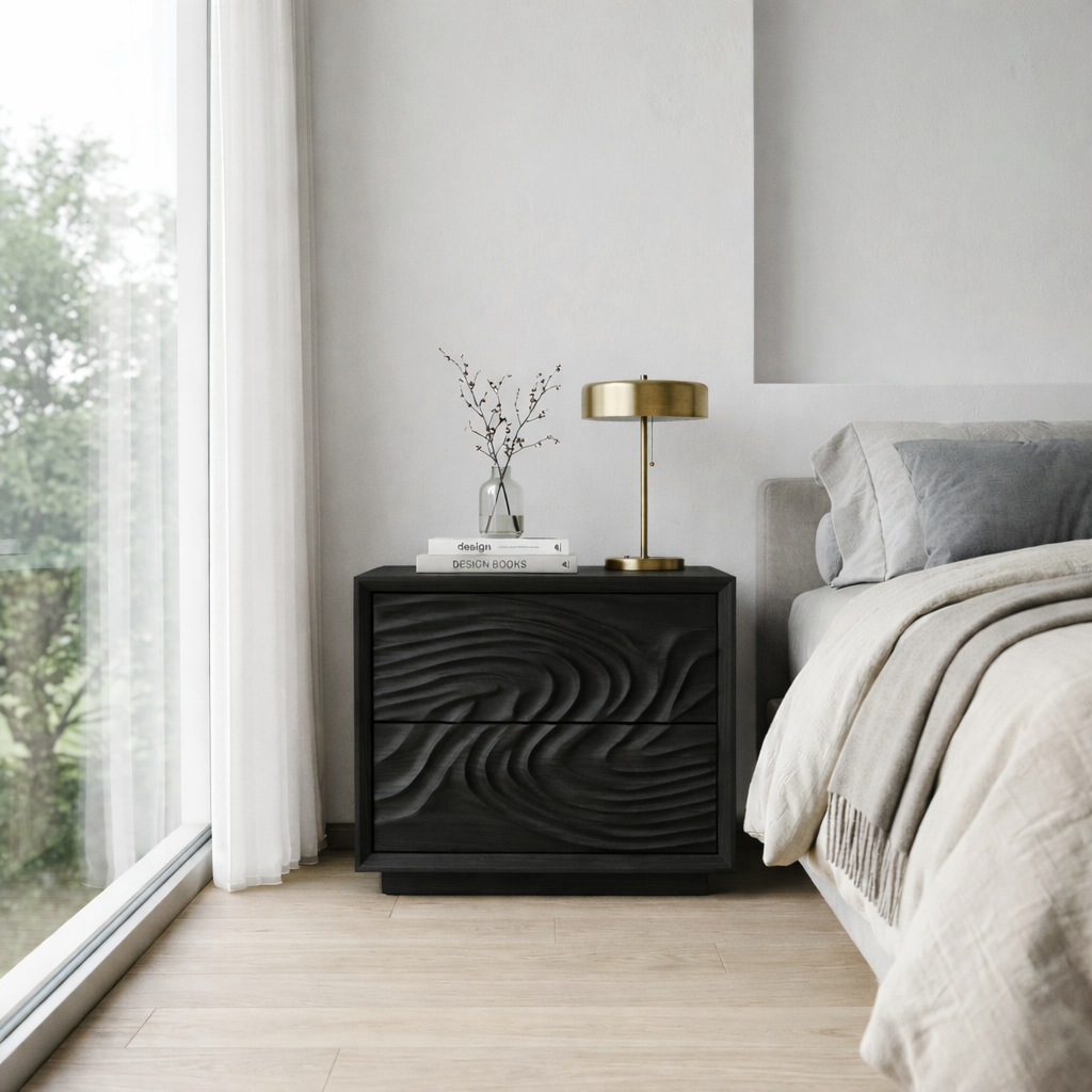 Solid Wood Nightstand with Sculpted Wave Drawers – Modern Carved Bedside Table Kitchnce