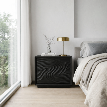 Solid Wood Nightstand with Sculpted Wave Drawers – Modern Carved Bedside Table Kitchnce