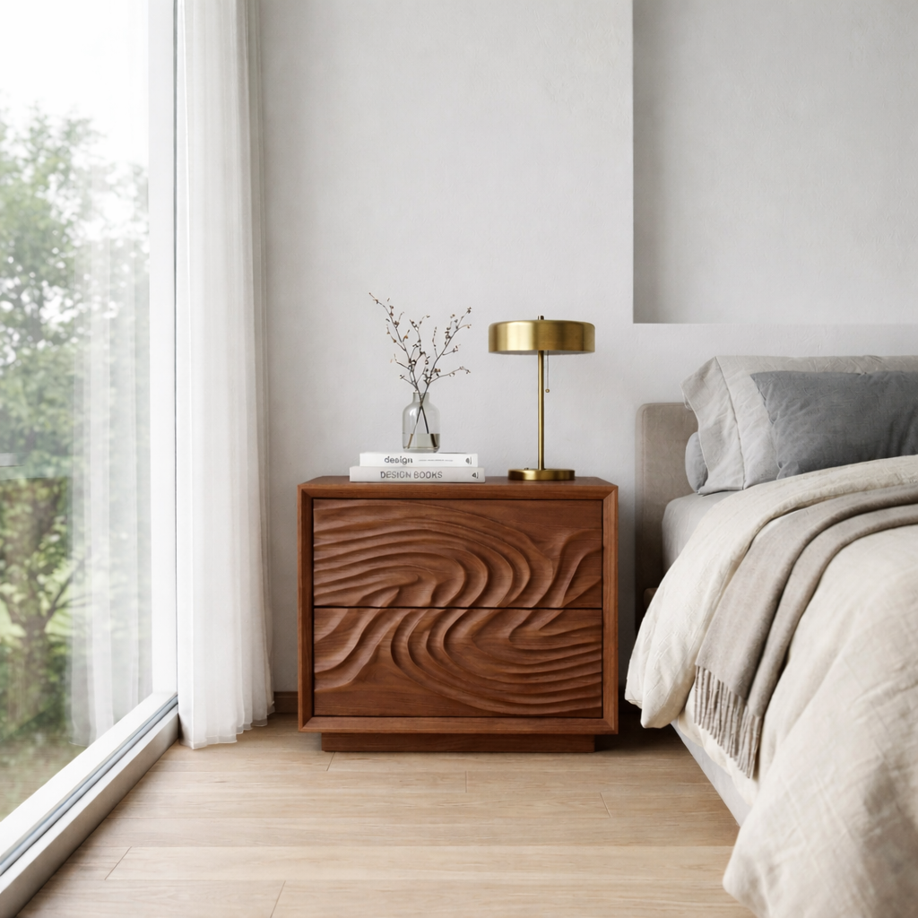 Solid Wood Nightstand with Sculpted Wave Drawers – Modern Carved Bedside Table Kitchnce