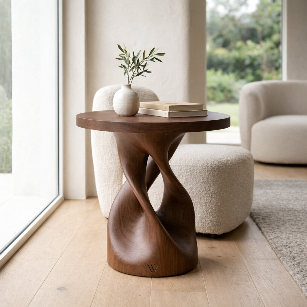 Solid Wood Sculptural Side Table – Modern Round Accent Table with Artistic Base Kitchnce