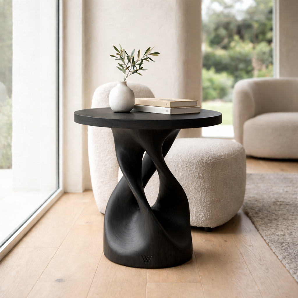 Solid Wood Sculptural Side Table – Modern Round Accent Table with Artistic Base Kitchnce