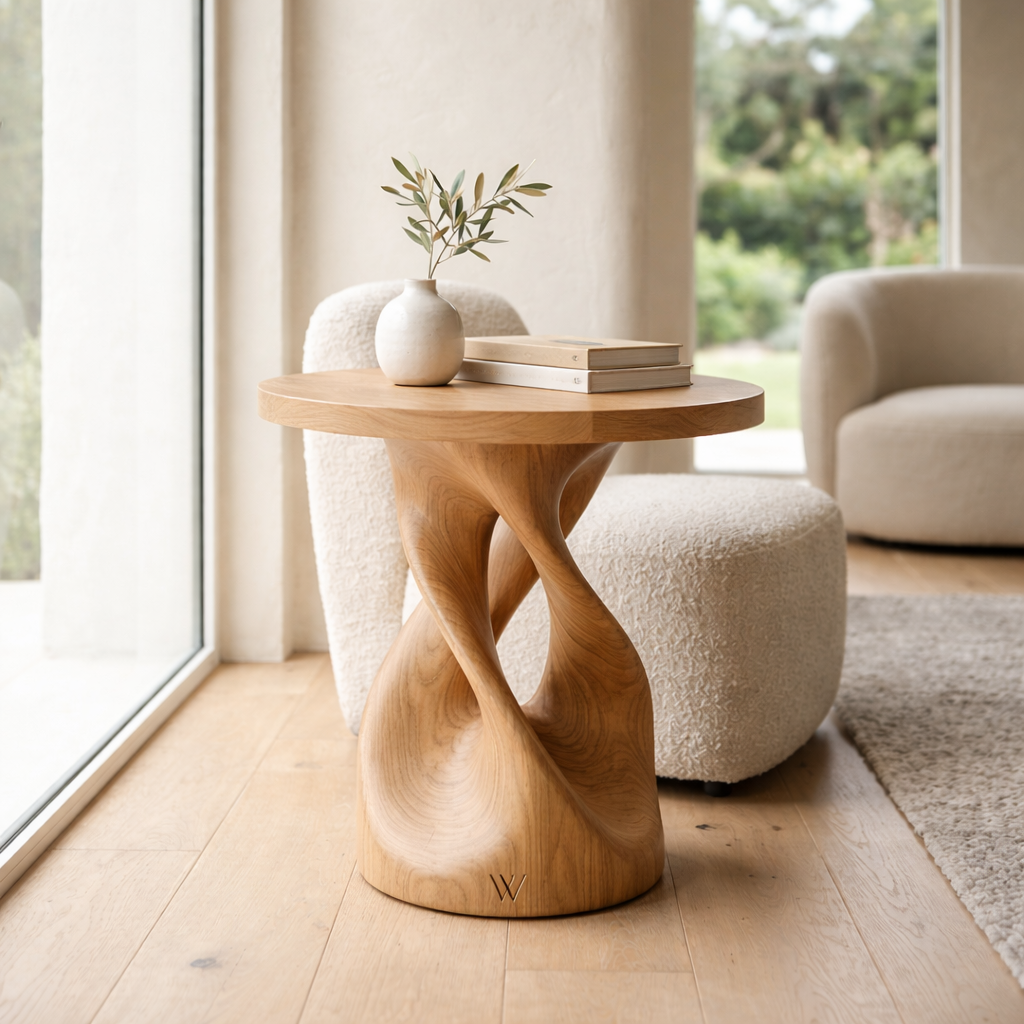 Solid Wood Sculptural Side Table – Modern Round Accent Table with Artistic Base Kitchnce