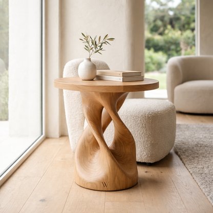 Solid Wood Sculptural Side Table – Modern Round Accent Table with Artistic Base Kitchnce