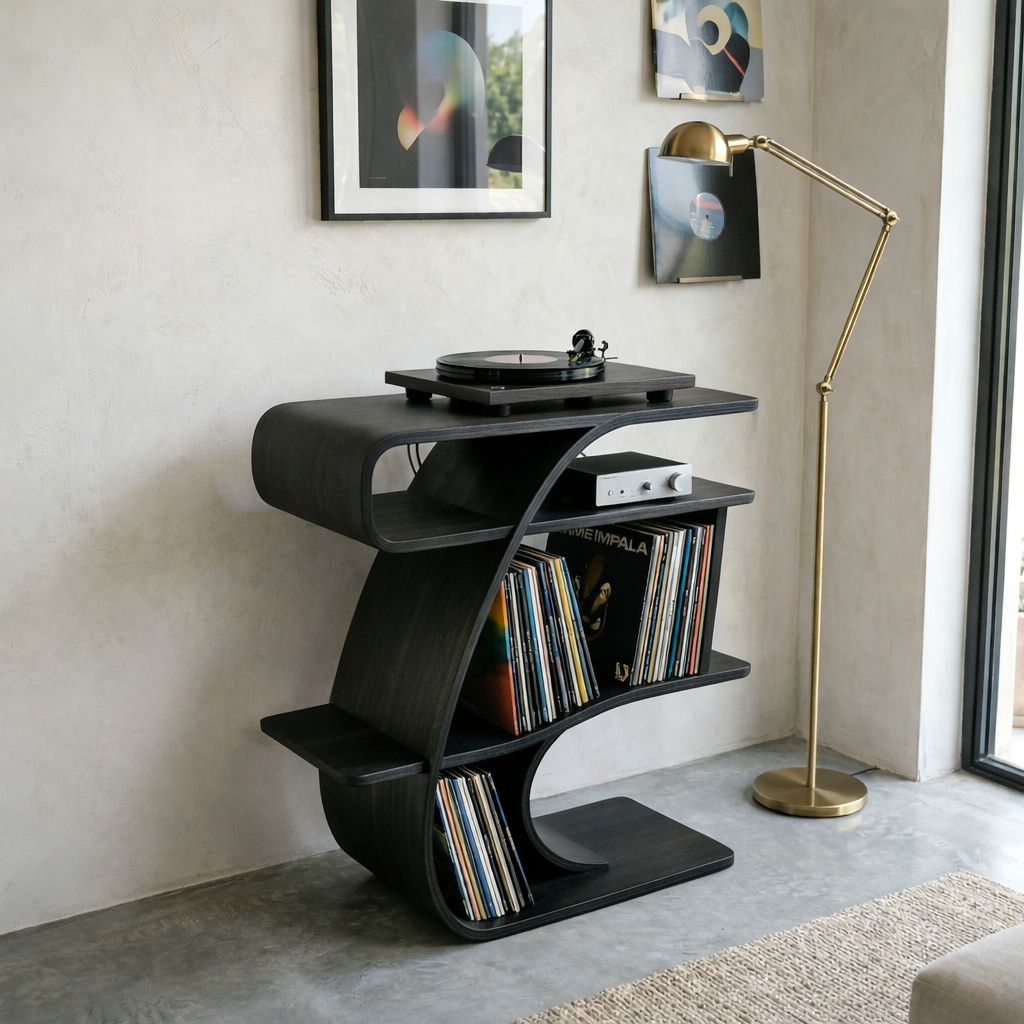 S-Curve Solid Wood Record Player Stand with Vinyl Storage Shelves Kitchnce