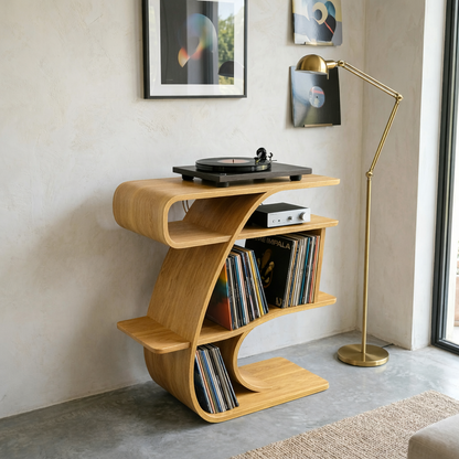 S-Curve Solid Wood Record Player Stand with Vinyl Storage Shelves Kitchnce
