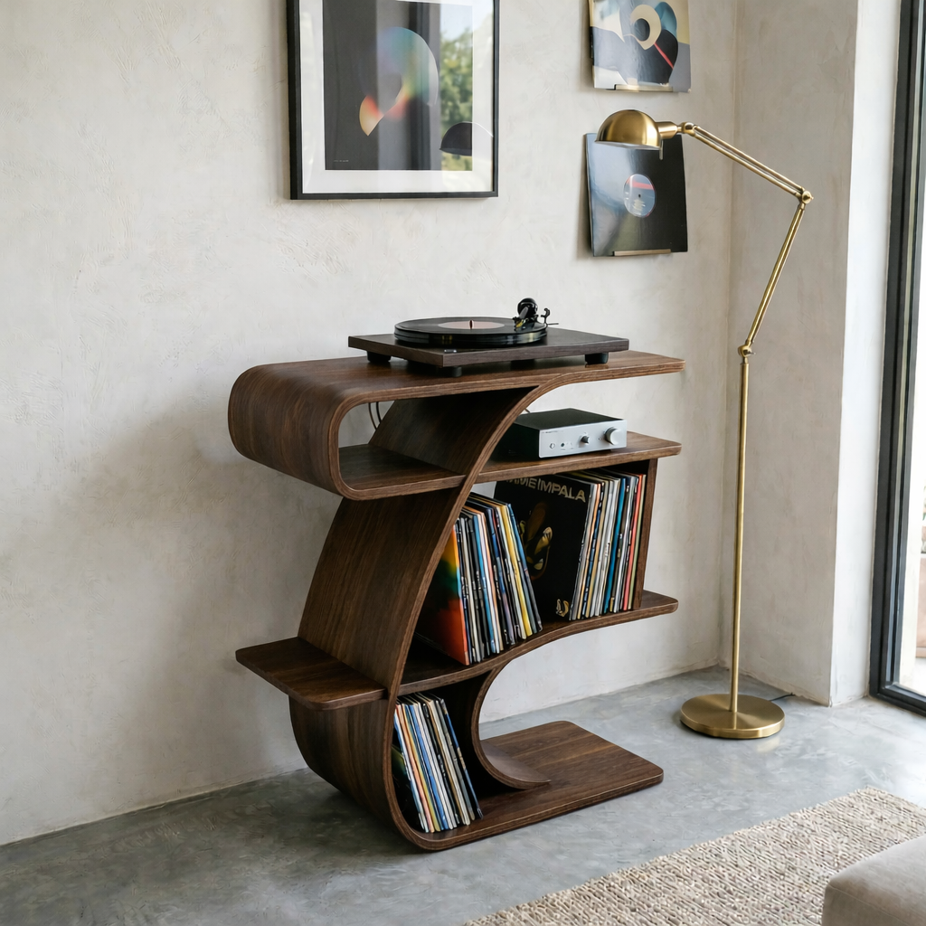 S-Curve Solid Wood Record Player Stand with Vinyl Storage Shelves Kitchnce