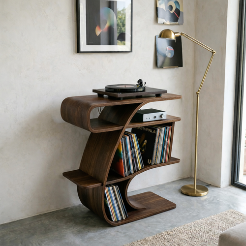 S-Curve Solid Wood Record Player Stand with Vinyl Storage Shelves Kitchnce