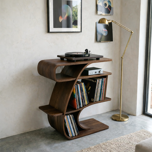 S-Curve Solid Wood Record Player Stand with Vinyl Storage Shelves Kitchnce