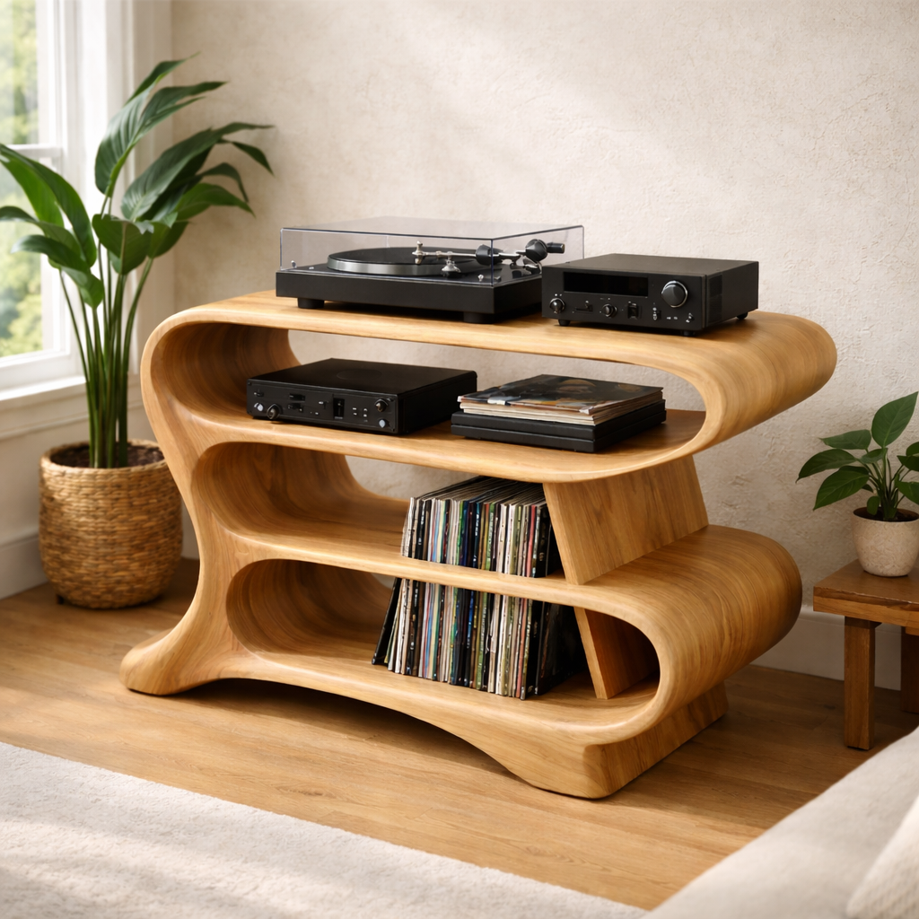Wave-Shaped Solid Wood Record Player Stand with Open Vinyl Storage Shelves Kitchnce