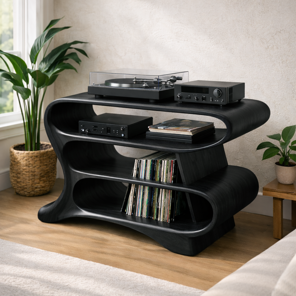 Wave-Shaped Solid Wood Record Player Stand with Open Vinyl Storage Shelves Kitchnce