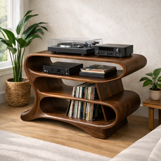 Wave-Shaped Solid Wood Record Player Stand with Open Vinyl Storage Shelves Kitchnce