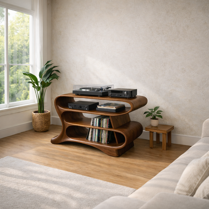 Wave-Shaped Solid Wood Record Player Stand with Open Vinyl Storage Shelves Kitchnce