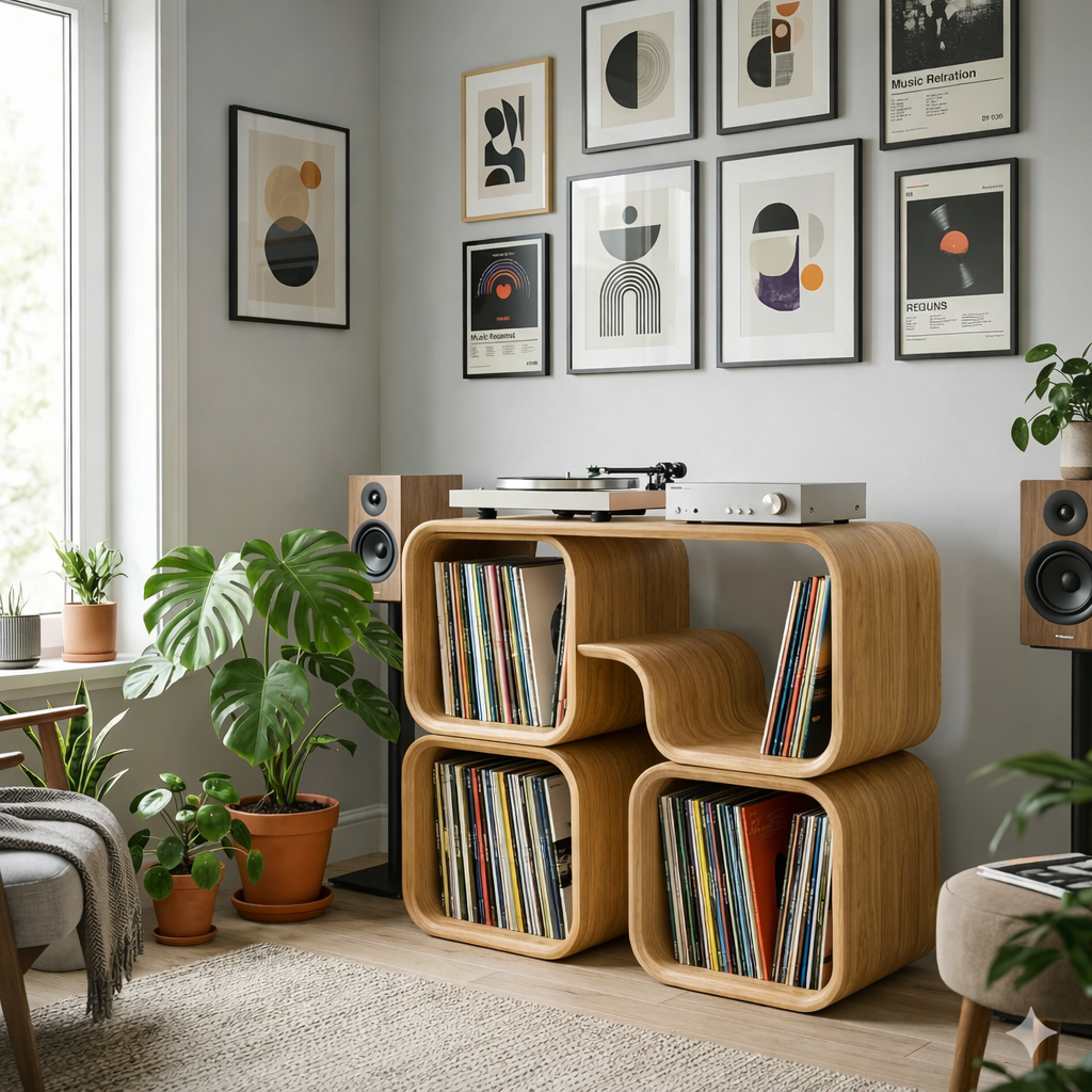 Modular Cube Solid Wood Record Player Stand with Vinyl LP Storage Compartments