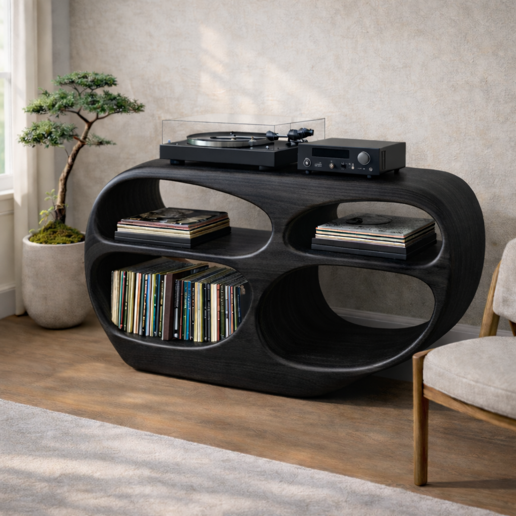 Organic Oval Solid Wood Record Player Stand with Open Vinyl Storage Kitchnce