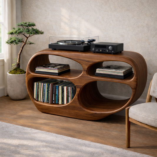 Organic Oval Solid Wood Record Player Stand with Open Vinyl Storage Kitchnce