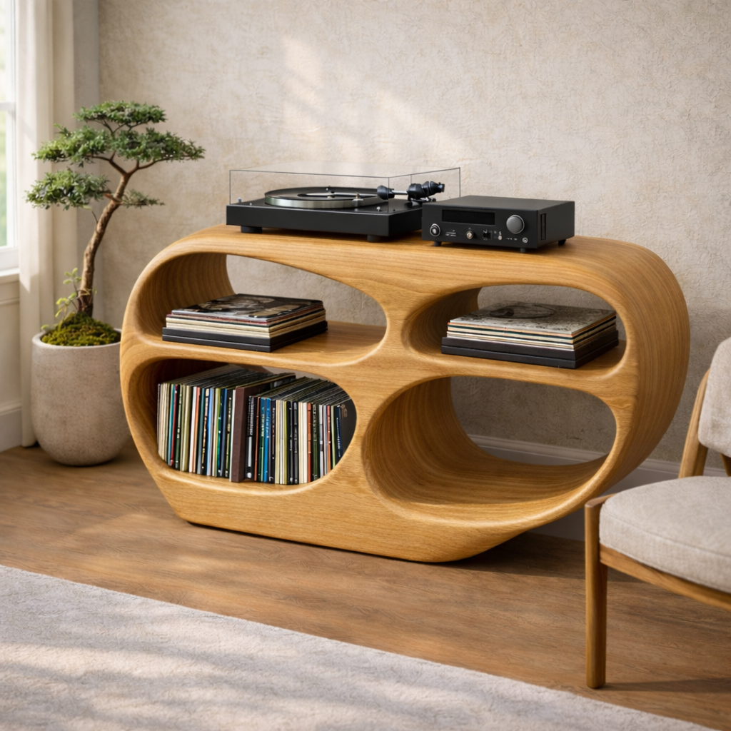 Organic Oval Solid Wood Record Player Stand with Open Vinyl Storage Kitchnce
