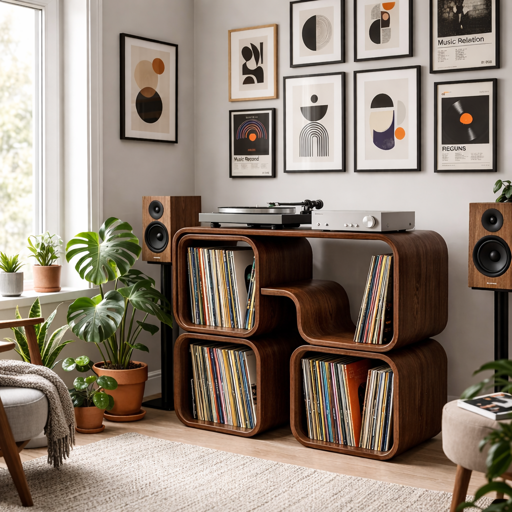 Modular Cube Solid Wood Record Player Stand with Vinyl LP Storage Compartments