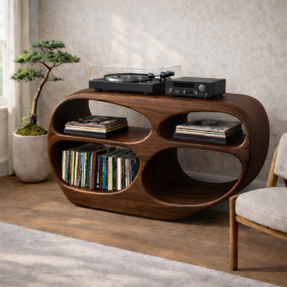 Organic Oval Solid Wood Record Player Stand with Open Vinyl Storage Kitchnce