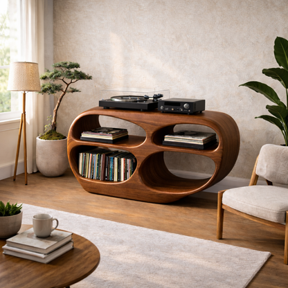 Organic Oval Solid Wood Record Player Stand with Open Vinyl Storage Kitchnce