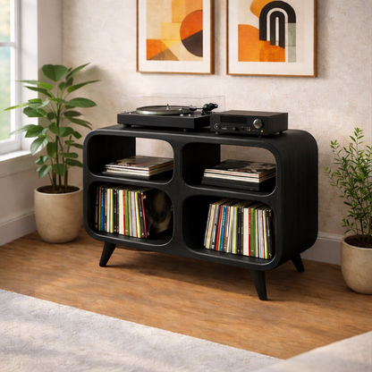 Rounded Cube Solid Wood Record Player Stand with 4-Compartment Vinyl Storage Kitchnce