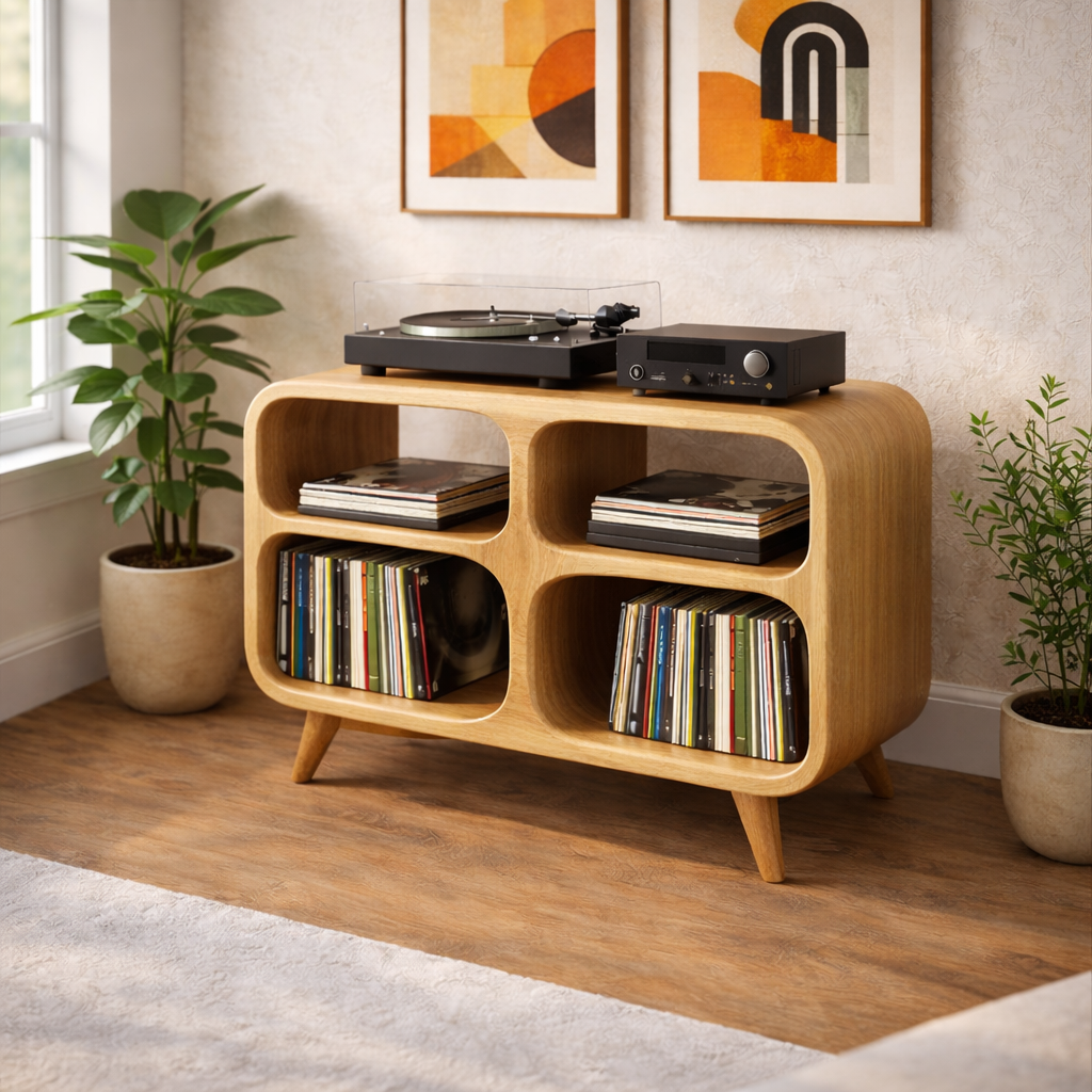 Rounded Cube Solid Wood Record Player Stand with 4-Compartment Vinyl Storage Kitchnce
