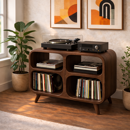 Rounded Cube Solid Wood Record Player Stand with 4-Compartment Vinyl Storage Kitchnce