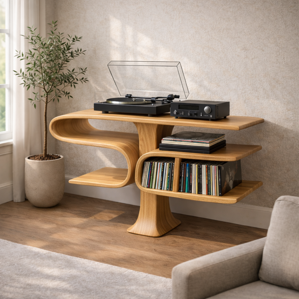 Cantilever Solid Wood Record Player Stand with Floating Vinyl Storage Shelves Kitchnce