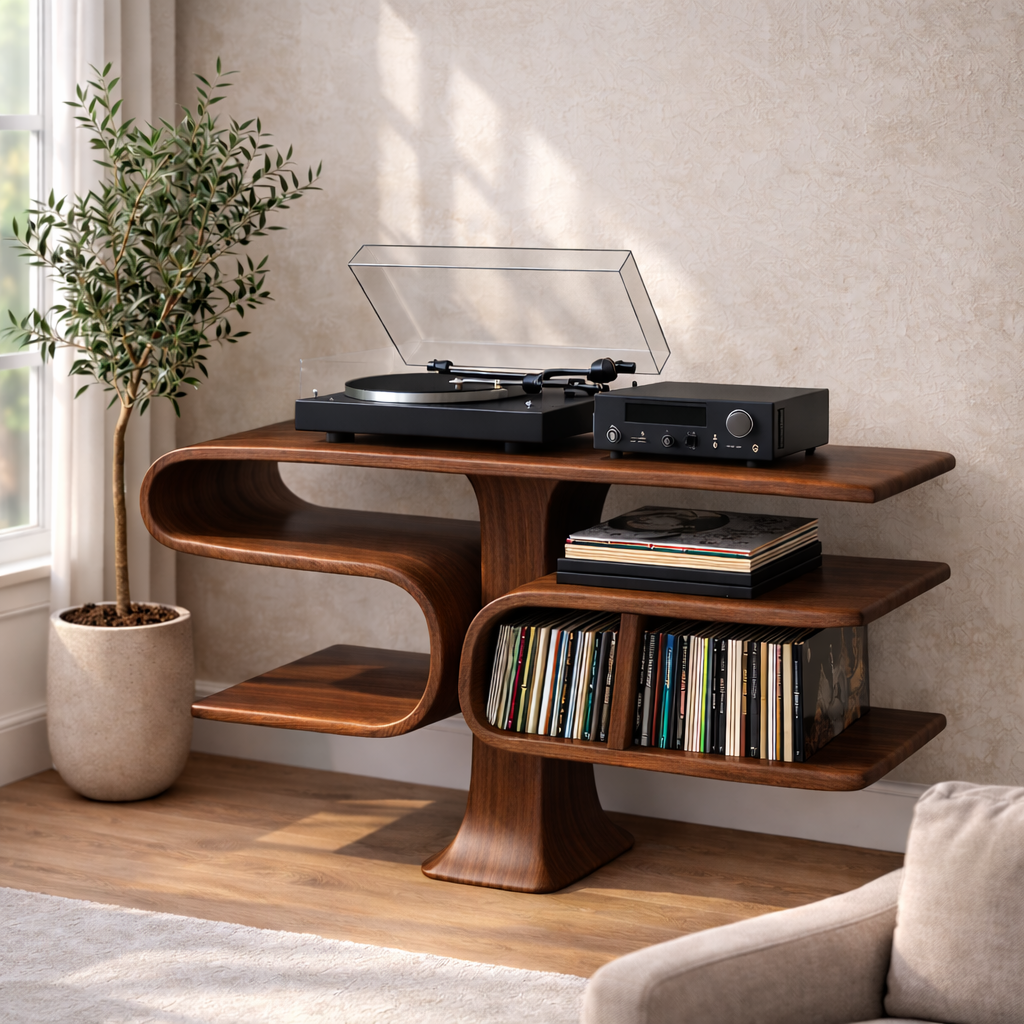 Cantilever Solid Wood Record Player Stand with Floating Vinyl Storage Shelves Kitchnce