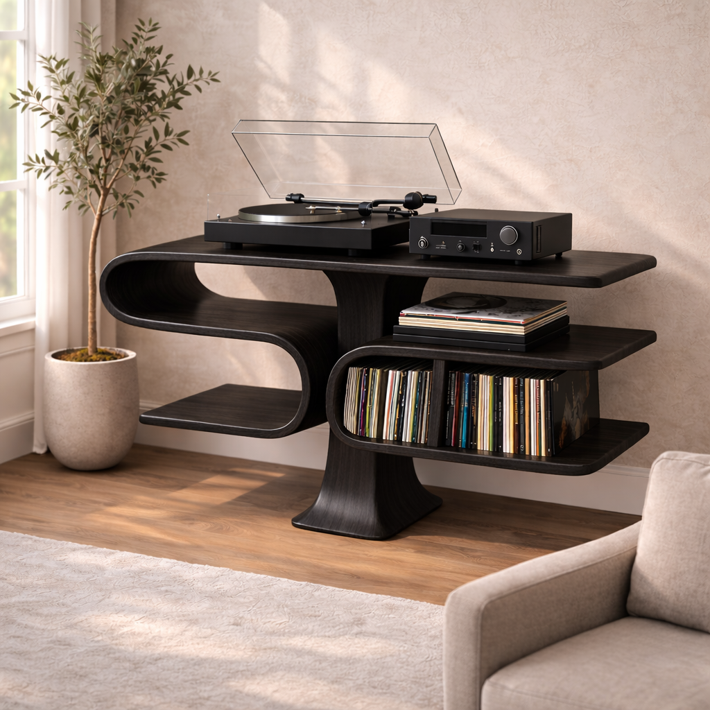 Cantilever Solid Wood Record Player Stand with Floating Vinyl Storage Shelves Kitchnce