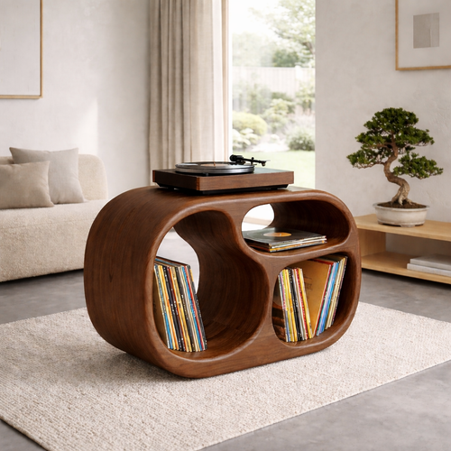 Sculpted Barrel Solid Wood Record Player Stand with Dual Vinyl Storage Kitchnce