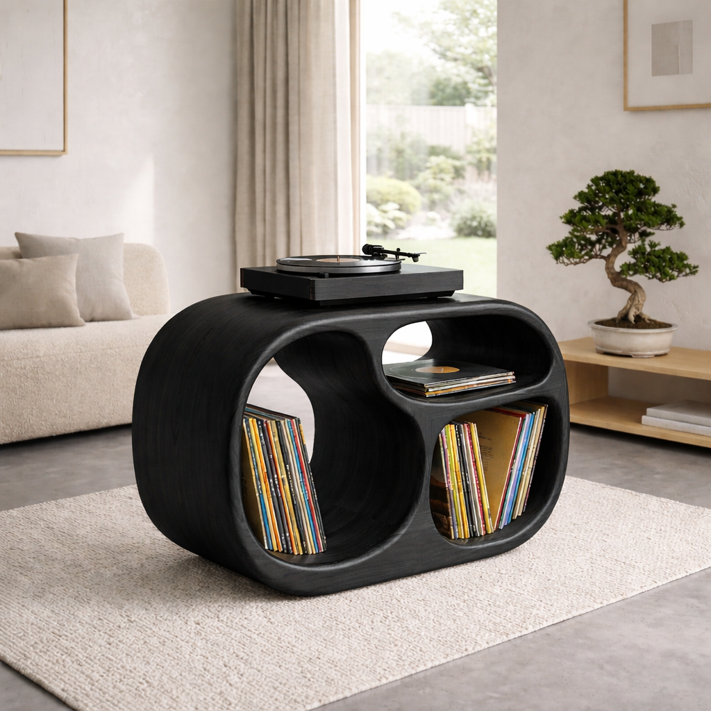 Sculpted Barrel Solid Wood Record Player Stand with Dual Vinyl Storage Kitchnce
