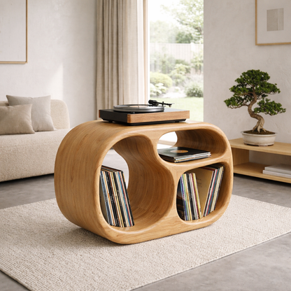 Sculpted Barrel Solid Wood Record Player Stand with Dual Vinyl Storage Kitchnce