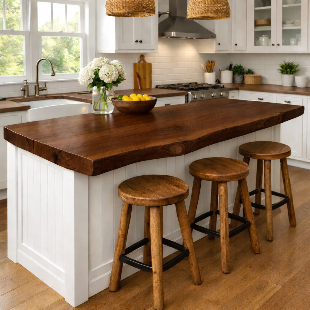 Solid Wood Kitchen Countertop – Live Edge Island Top with Bar Seating Kitchnce