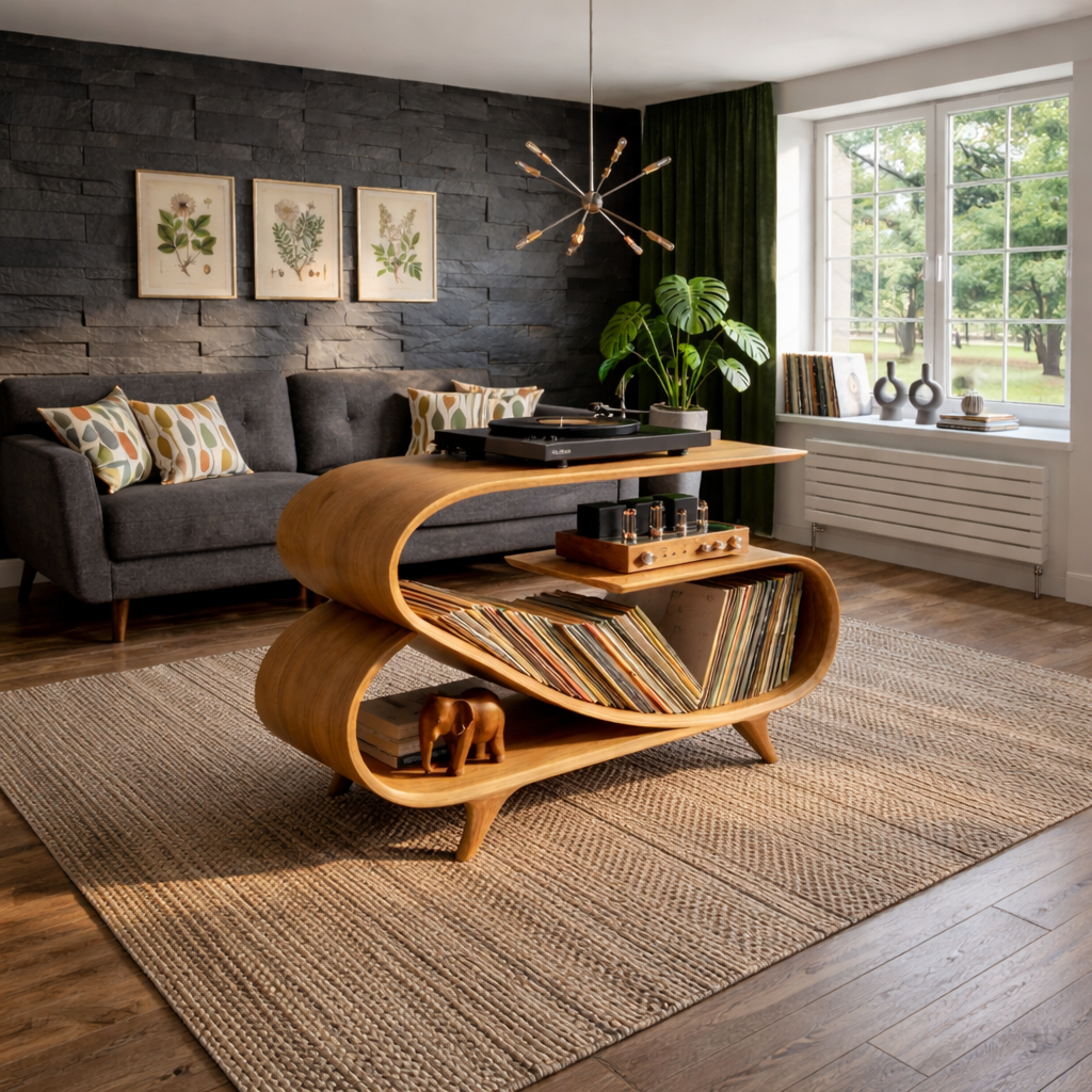 Wave Curve Solid Wood Record Player Stand with Vinyl Storage Shelf