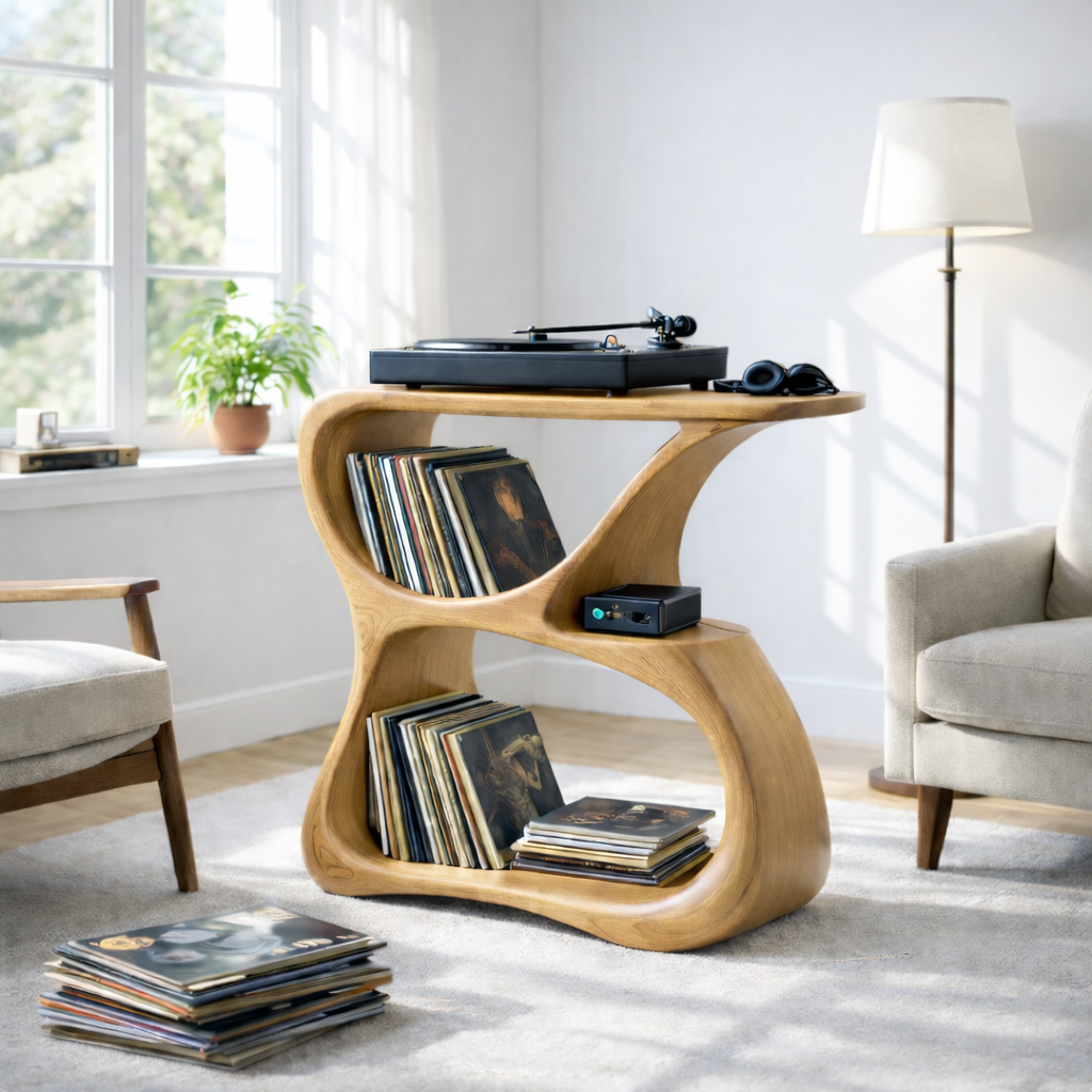 Solid Wood Record Player Stand with Vinyl Storage and Turntable Shelf Kitchnce
