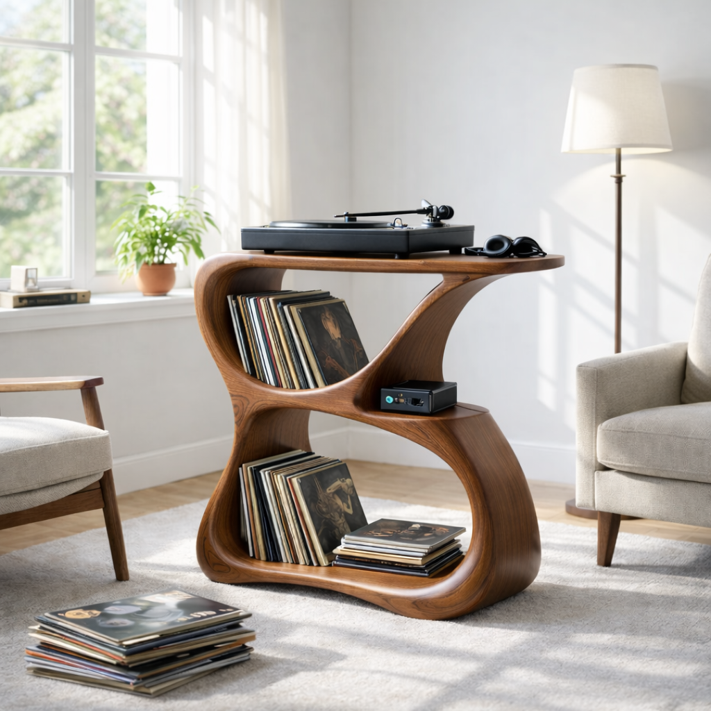 Solid Wood Record Player Stand with Vinyl Storage and Turntable Shelf Kitchnce
