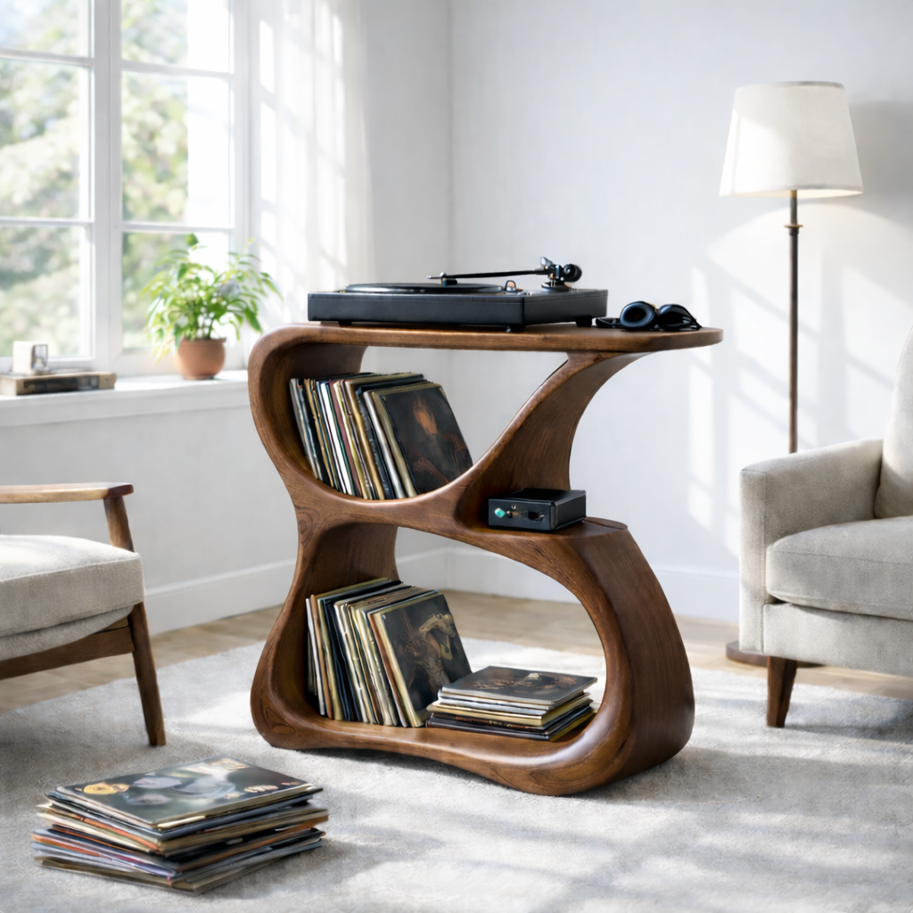 Solid Wood Record Player Stand with Vinyl Storage and Turntable Shelf Kitchnce
