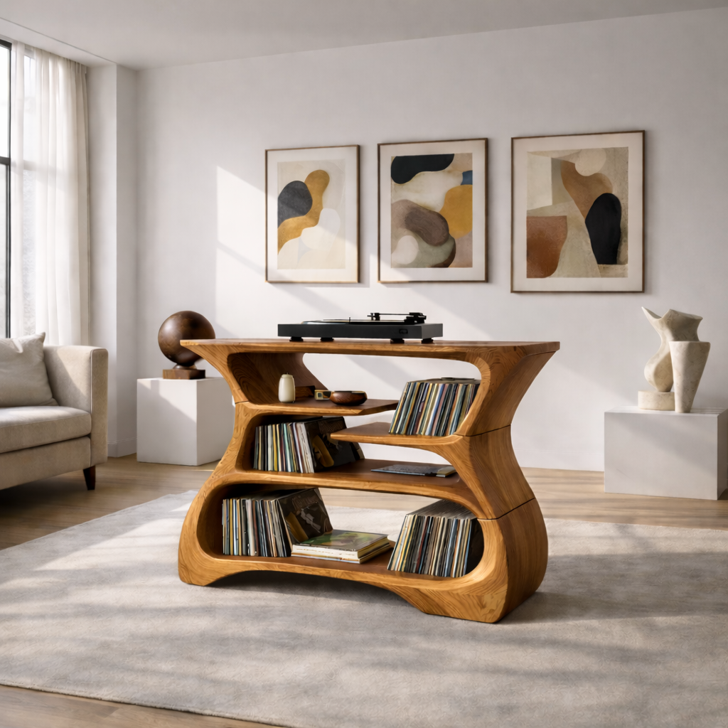 Sculptural Solid Wood Record Player Stand with Vinyl Record Storage Kitchnce